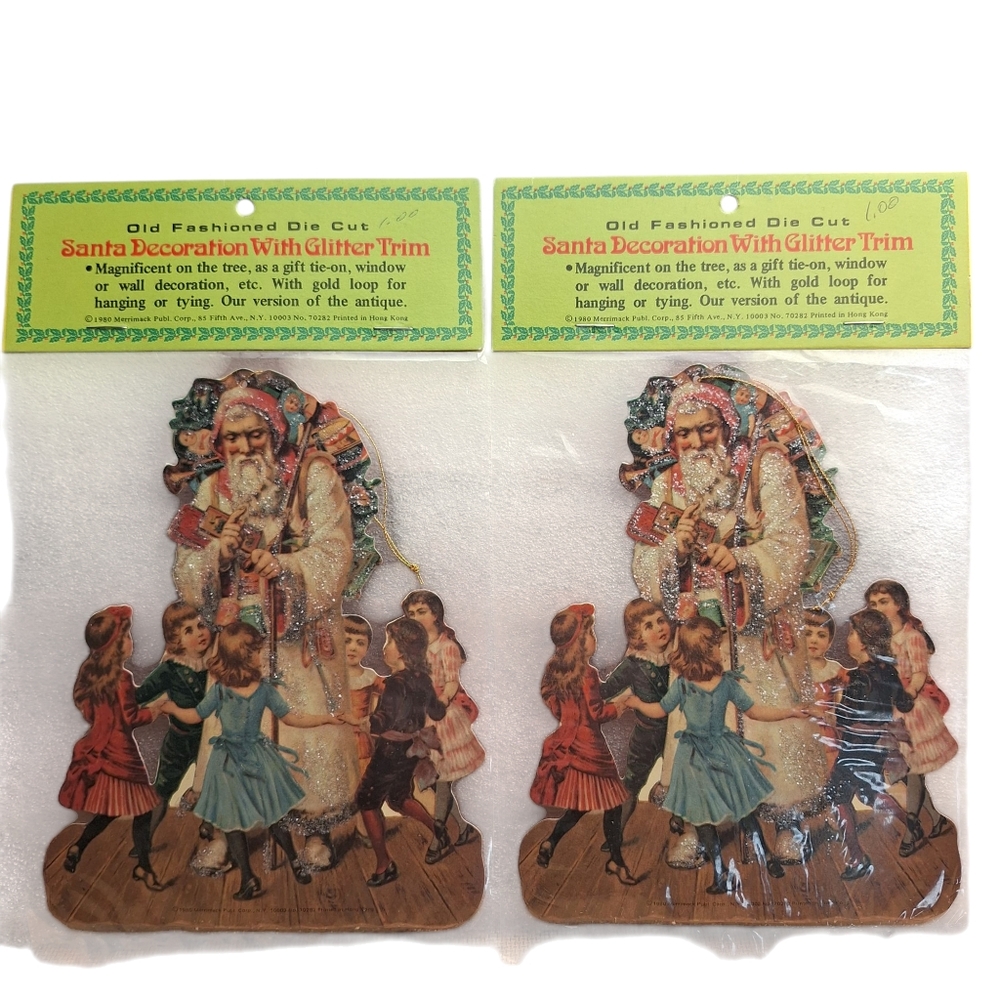 2 1980 Merrimack Die Cut Santa Hanging Christmas Ornaments With Glitter
